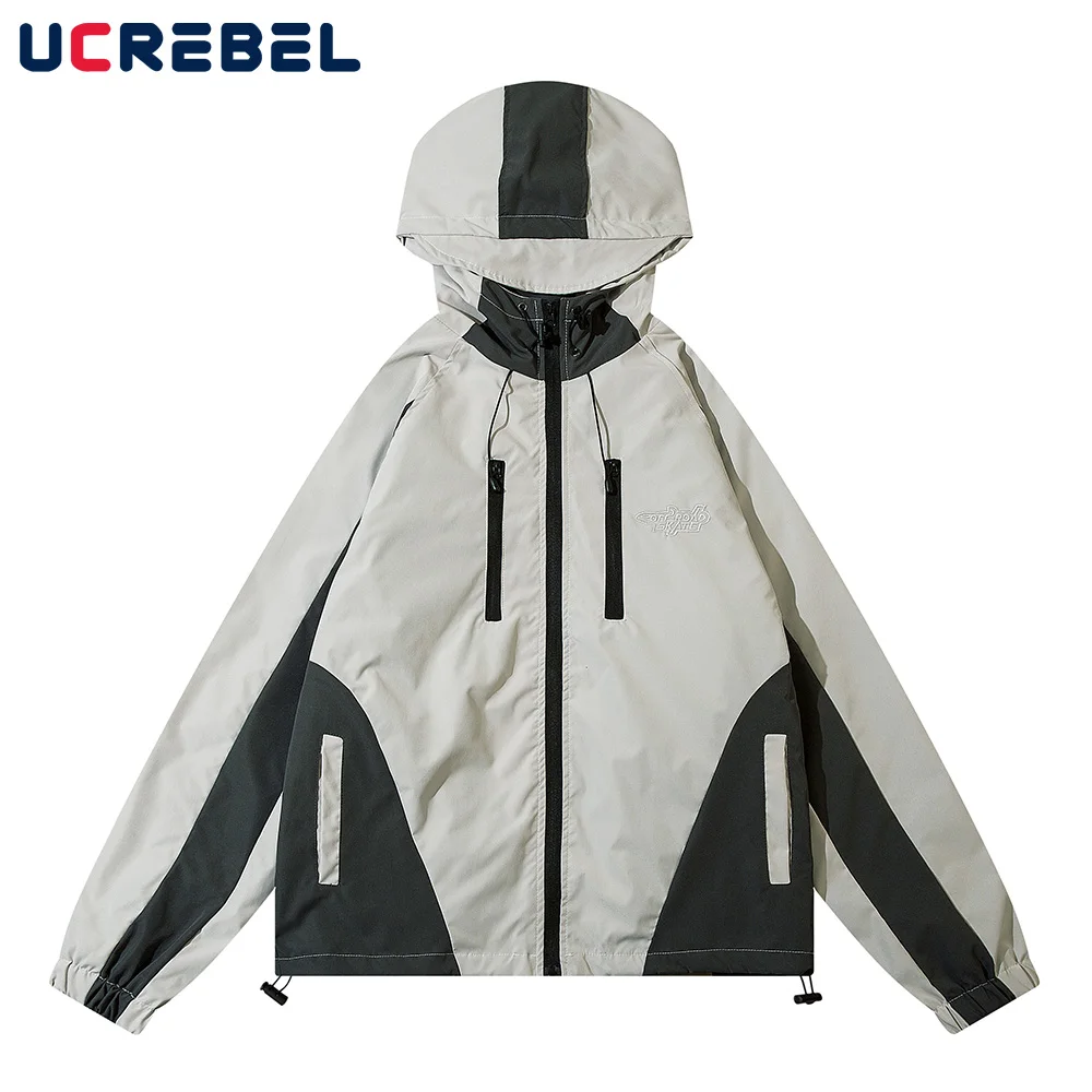 

Color Block Casual Outerwear Mens Autumn Winter Hem Drawstring Streetwear Embroidery Loose Hooded Jacket Men