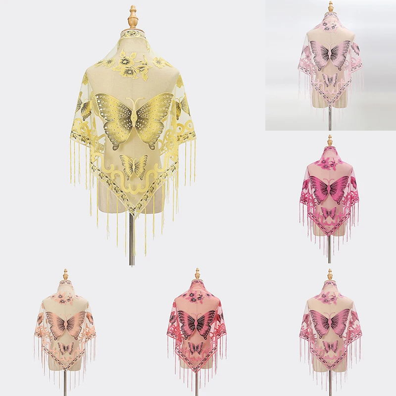 

Женские шали с вырезами и кисточками, однотонный прозрачный кружевной треугольный шарф с бахромой, большой вышитый шарф-бабочка, головные п...