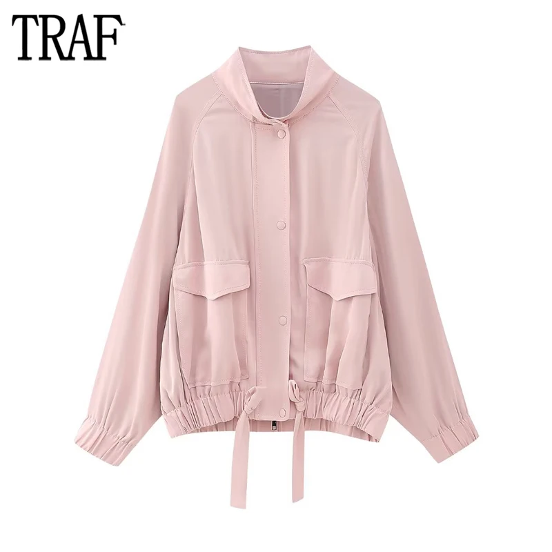 

TRAF Pink Bomber Jacket Women Pleated Oversized Jacket Woman Summer Basics Jackets for Women Coat Long Sleeve Women's Jacket