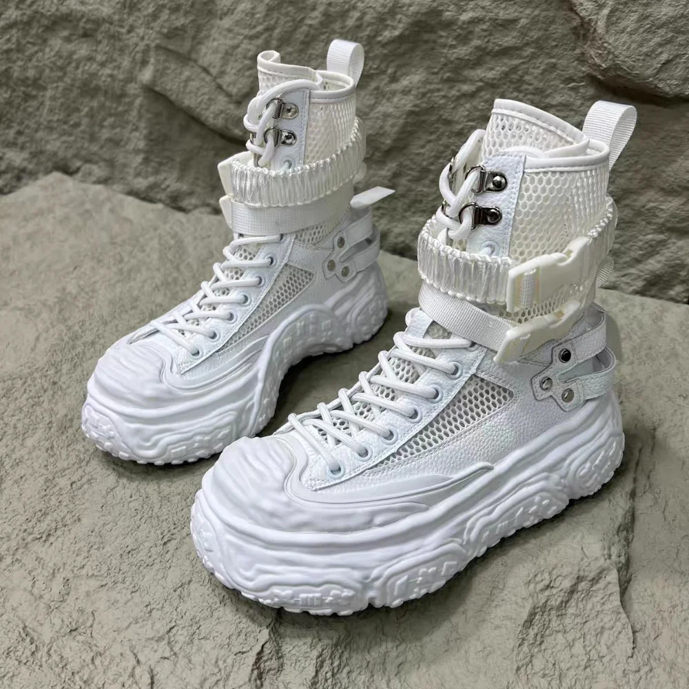 

Women's Boots Trend Round Toe Platform Designer Mesh Cloth Lace-up Hollow-out Chic and Elegant Woman Hollow out biker boots