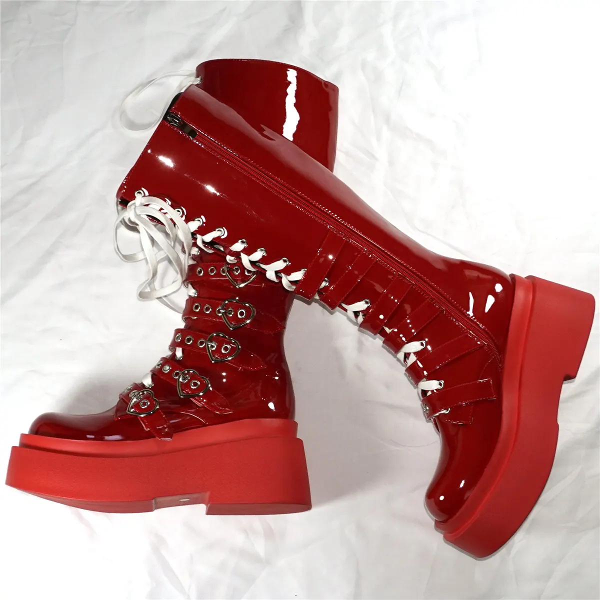 Winter Fashion Sneakers Women Lace Up Patent Leather High Heel Knee High Snow Boots Female Round Toe Platform Pumps Casual Shoes