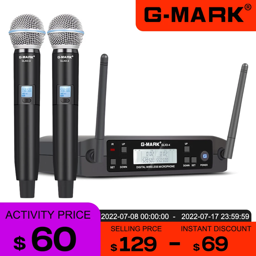 Беспроводной микрофон G-MARK GLXD4 UHF профессиональный двухканальный SM58 динамический