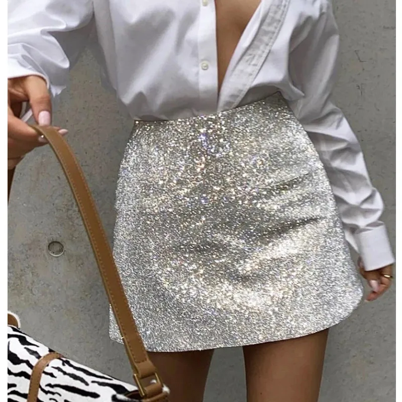 

2022 Summer Glitter Skirts Women A Line High Waist Mini Sexy Vintage Wrap Party Skirt Club