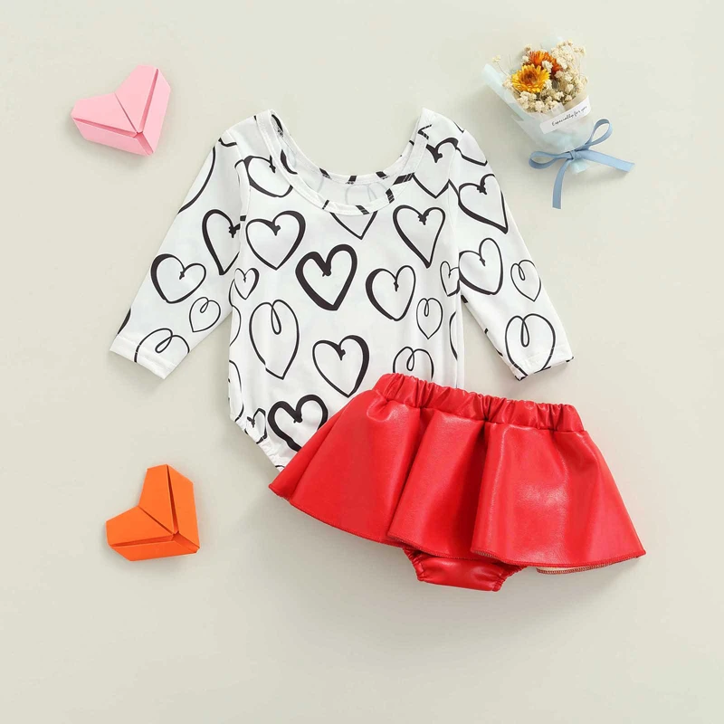 

Baby Girls Valentine's Day Suit, Heart Print Round Collar Long Sleeve Romper and Red Leather Skirt, 0-18 Months