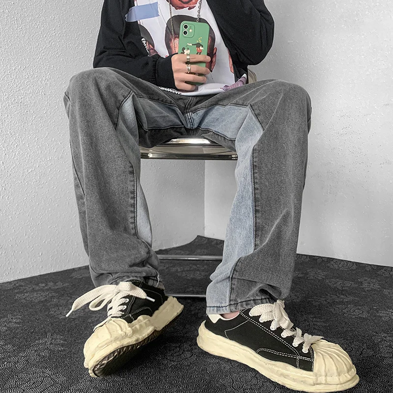 DEEPTOWN Patchwork Jeans Men Loose Straight Denim Pants Gray Casual Trousers Male Vintage Korean Fashion Hip Hop Streetwear