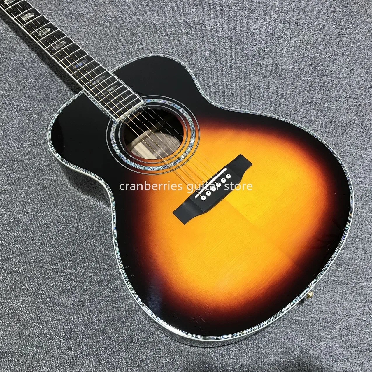 

Цветная Акустическая гитара Sunset, топ из твердой ели, 39 дюймов, модель OM, индивидуальная гитара, черная подставка, настоящая морская инкрустация, бесплатная доставка