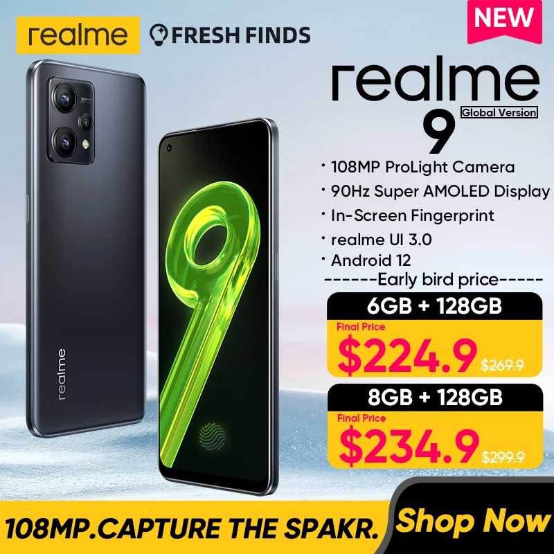  Смартфон Realme 9 Global Version 108-мегапиксельная камера 6,4 "90 Гц Super AMOLED-дисплей Восьмиядерный процессор Snapdragon 33 Вт 5000 мАч 