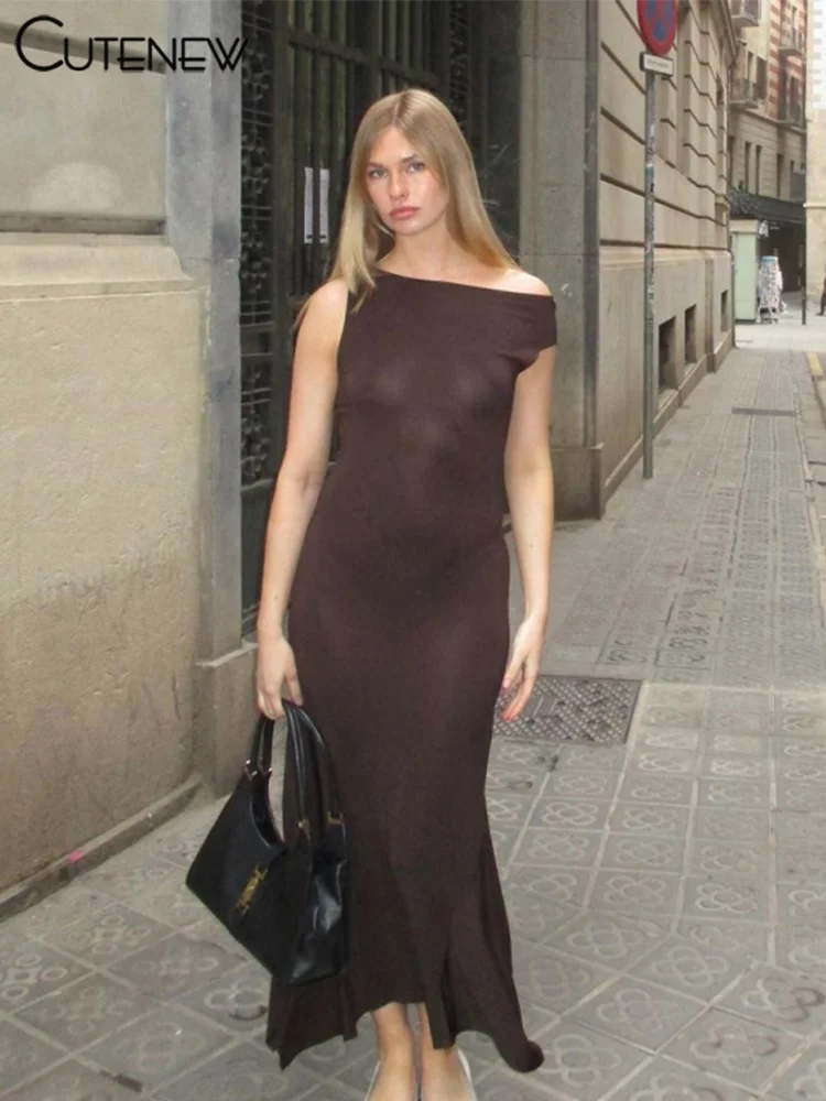 

Новинка, женские элегантные платья-Макси Cutenew, асимметричное ажурное плиссированное платье на одно плечо со шнуровкой, женская одежда в уличном стиле