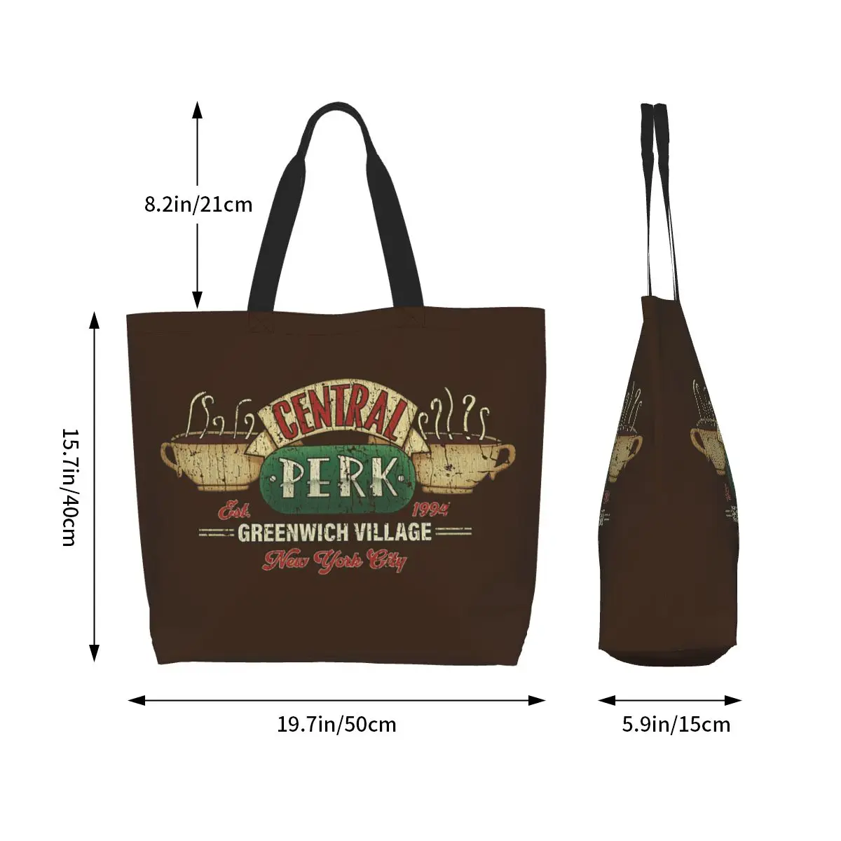 Фото Сумка-шоппер с логотипом Central Perk Friends, холщовая сумка через плечо большой вместимости, сумка-шоппер для покупок, женская сумка для продуктов №3