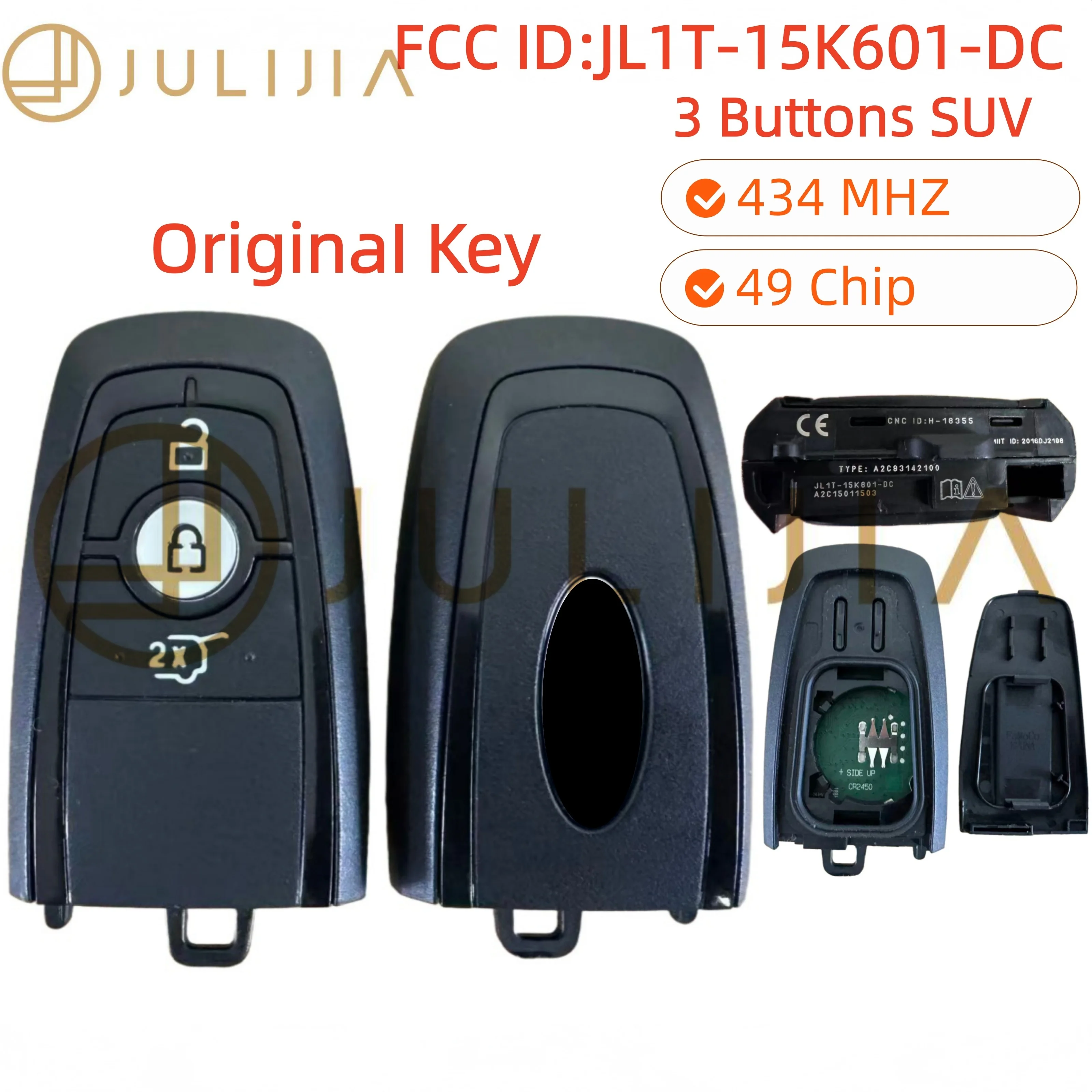 

JULIJIA для оригинального Ford Edge 3-кнопочного внедорожника, умный дистанционный ключ, 49 чипов, 434 МГц, JL1T-15K601-DC