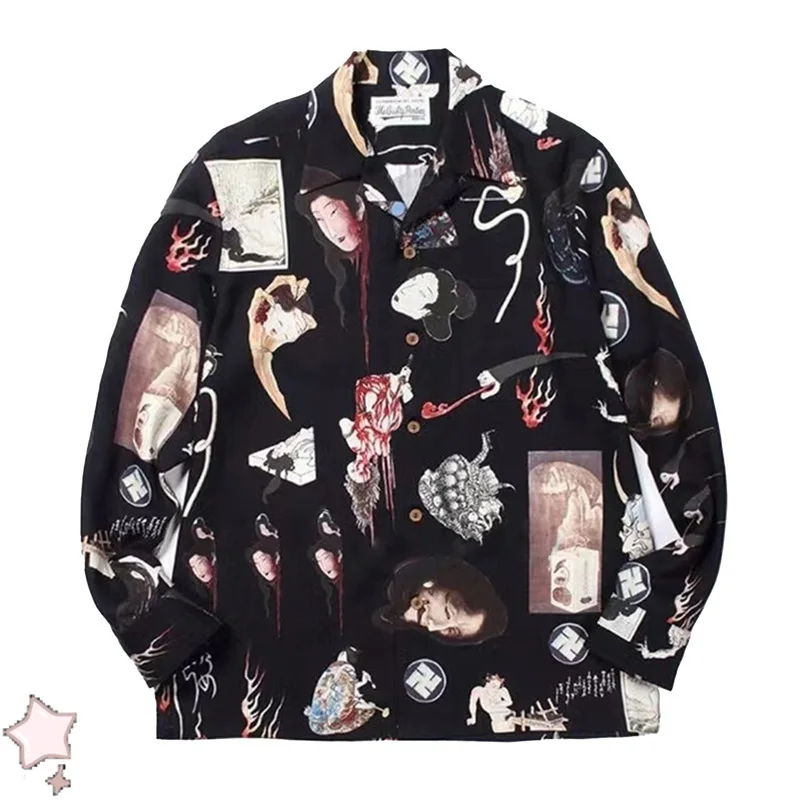 

Men Women Hawaiian Graffiti Print Long Sleeve Shirts High Street Hip-Hop Shirt