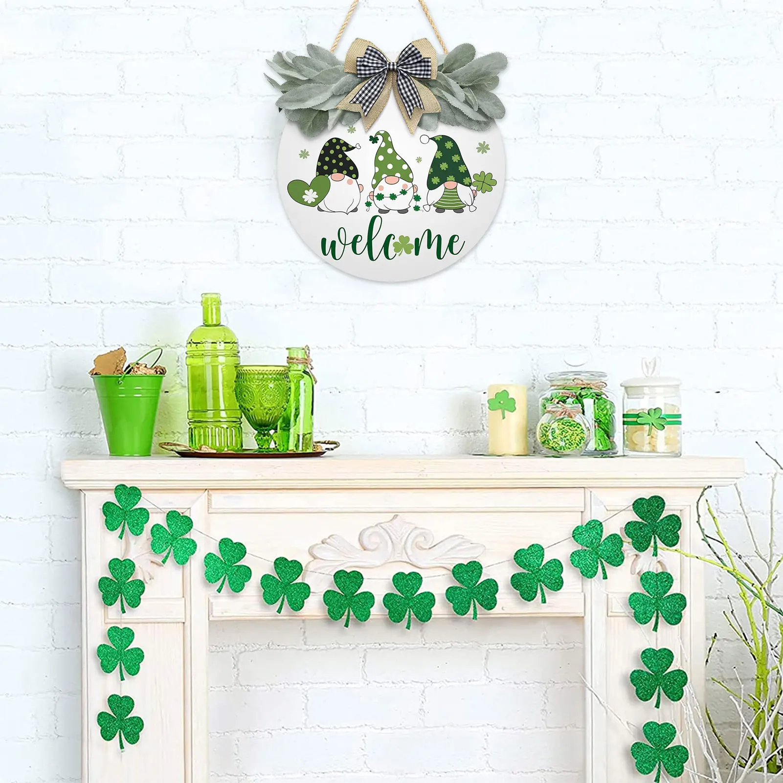 

Венок на День Святого Патрика, украшение на дверь, венок на День Святого Патрика, венок на переднюю дверь с клевером, весенний венок с надпис...