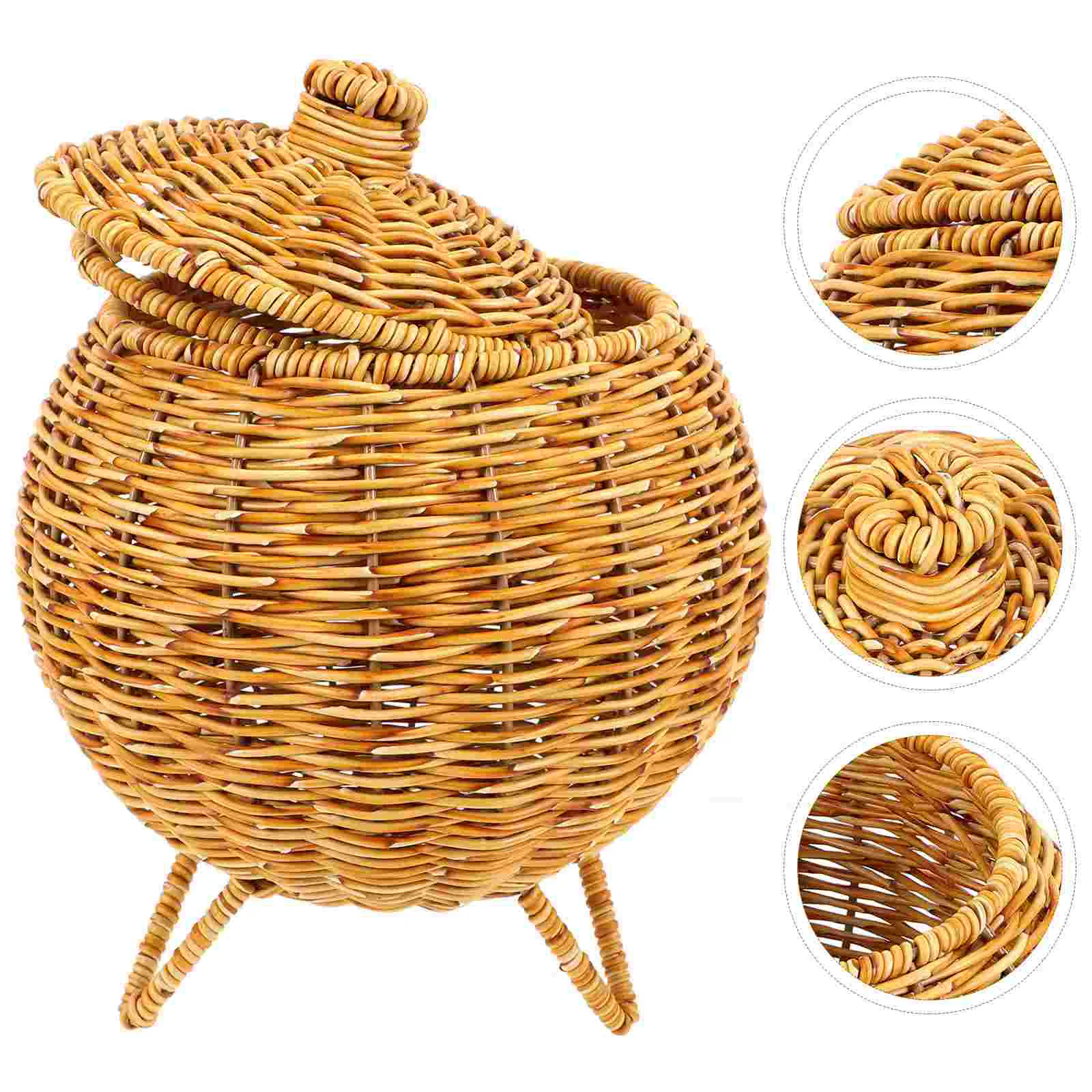 

Woven Storage Basket Pumpkin Shaped Wicker Baskets Lid Egg Gather Basket Fruit Vegetable Snack Holder Vintage Sundries Organizer