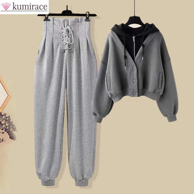 

2022 Winter Plush Thickened Korean Popular Hoodie Jacket Personality Lace Up Casual Pants Two Piece Elegant Women's Pants Set