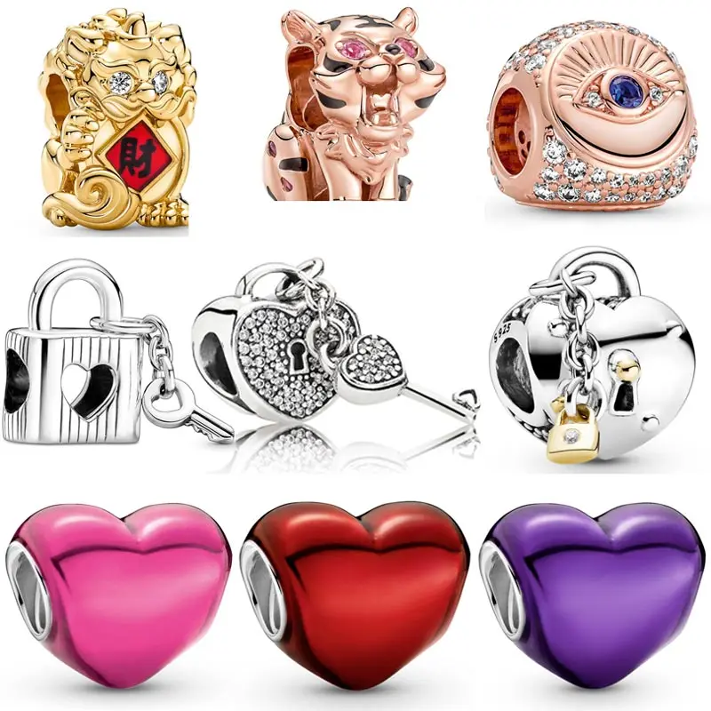 

Red Pink Purple Padlock amp Heart Key Chinese Fortune Pixiu Tiger Bead 925 Sterling Silver Charm Fit Europe Bracelet DIY Jewelry