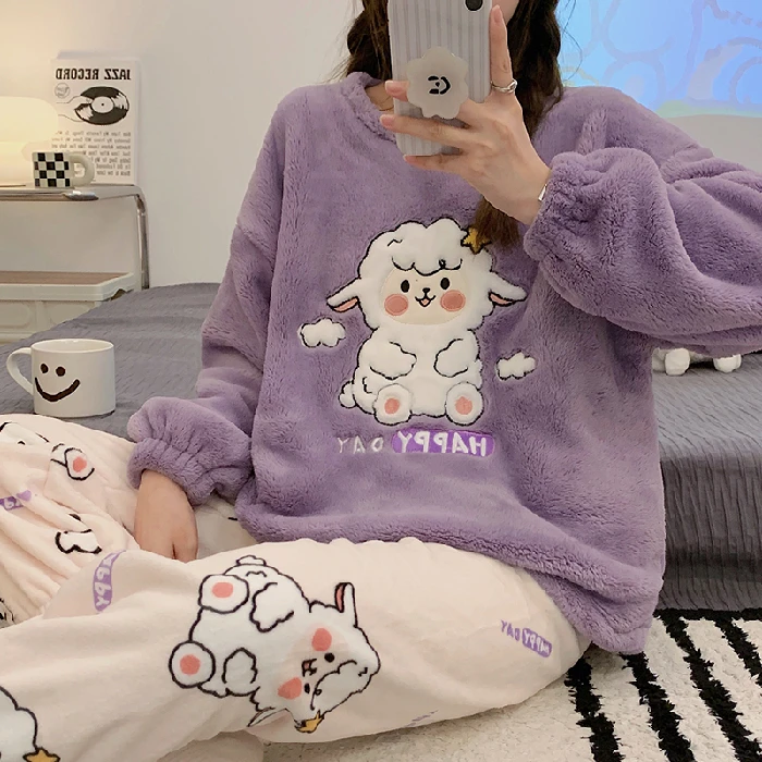 2022Autumn Winter New Warm Flannel Women's Pajamas Set Long-sleeved Trousers Two-piece Set Cute Soft Home Wear Clothes for Women