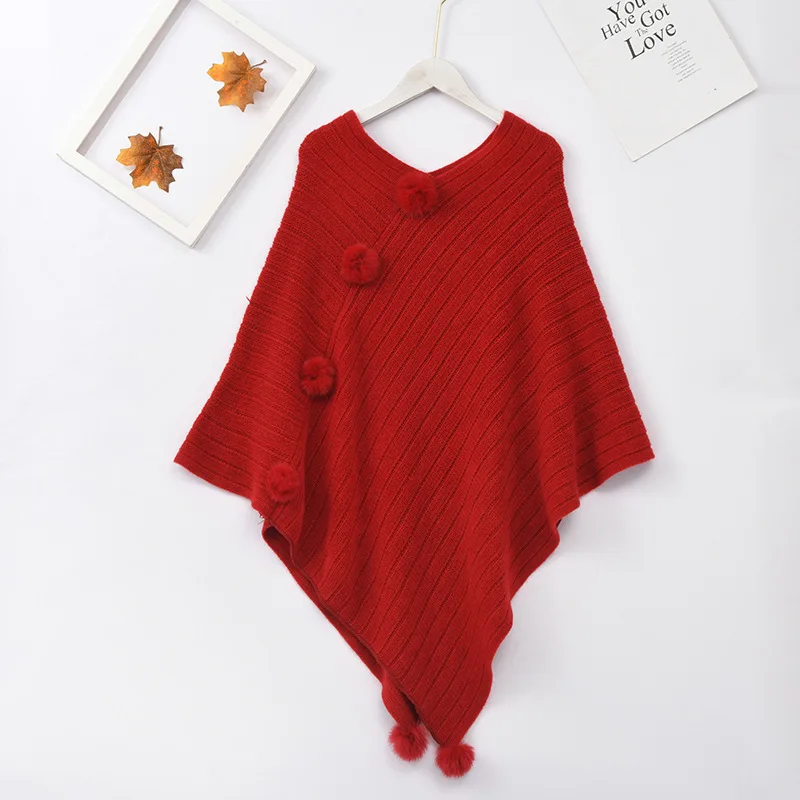 

Imitation Cashmere Imitation Wool Ball Cloak Tassel Irregular Shawl Coat Pullover Fashion Street Poncho Lady Capes Red Cloaks