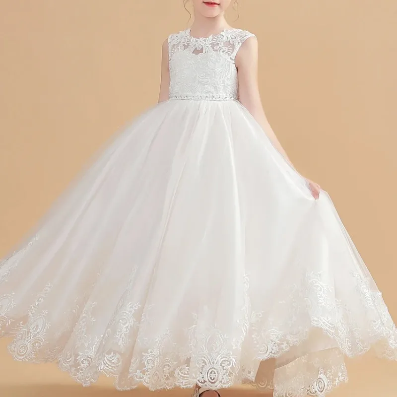 

Белое Кружевное Цветочное платье для девочек, Платье трапециевидного силуэта без рукавов с круглым вырезом для детей, для маленьких девочек, для свадьбы, дня рождения, первого причастия