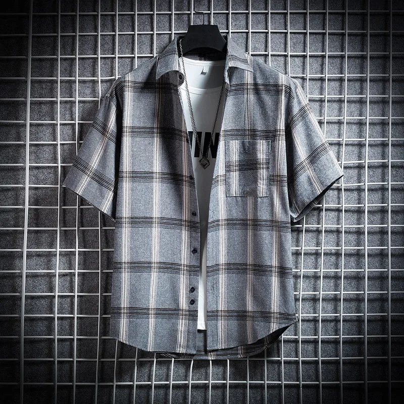 Summer Plaid Shirt Men Hip Hop Checked Short Sleeve Shirt High Quality Spring New Oversize Streetwear Grey Retro Social Blouses