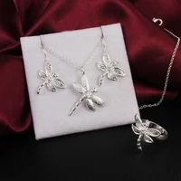 fashion fine 925 stamp silver color women crystal dragonfly pendant necklace earring ring jewelry set party wedding gifts