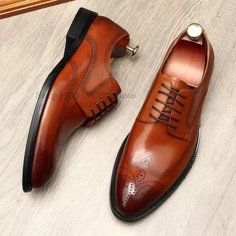 Genuine Calfskin Leather Brogue Dress Shoes Black Brown Business Formal Derby Shoes For Men