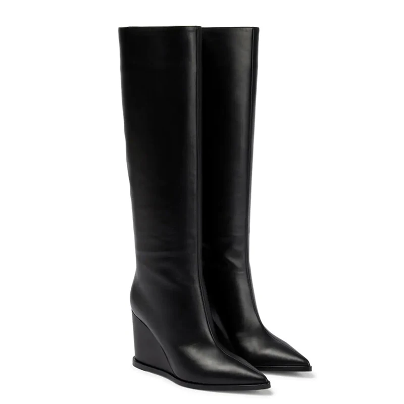 Wide Fit Size 46 for Big Leg Women Knee High Boots Sexy Pointy toe Woman High Wedges Shoes Cow Leather Booties