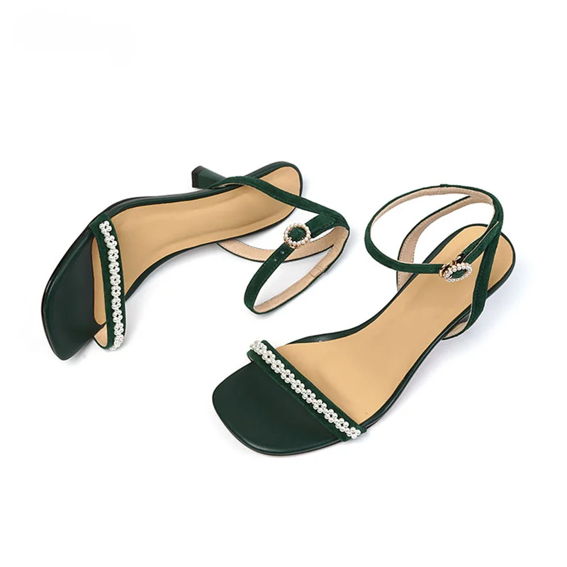 Sandals Genuine Leather New Summer Ankle Strap Sandal Fashion Ladies Black Beige Sexy Women Pearl High Heeled Shoes