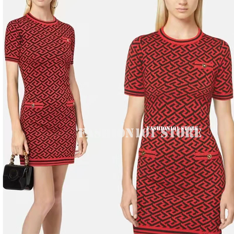 

Dresses for Women Summer Cloth French Designer Knited Short Sleeve High End 3D Abstract Geometry Jacquard Mini Party Woman Dress