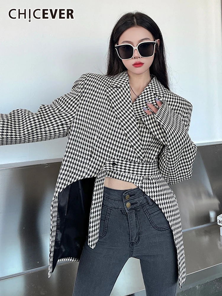 

CHICEVER Loose Blazers For Women Notched Collar Long Sleeve Hit Color Houndstooth Temperament Vintage Blazer Female Autumn 2022