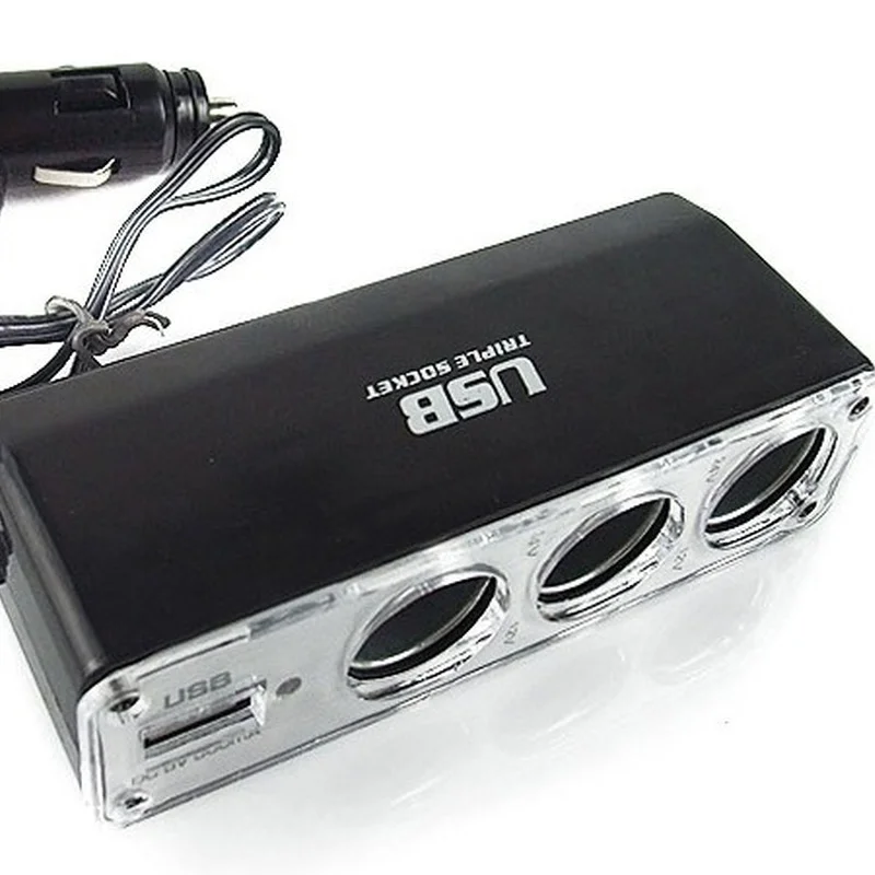 

Hot 3 Way Multi Socket Car Cigarette Lighter Splitter USB Plug Charger DC 12V/24V Triple Adapter with USB Port BX