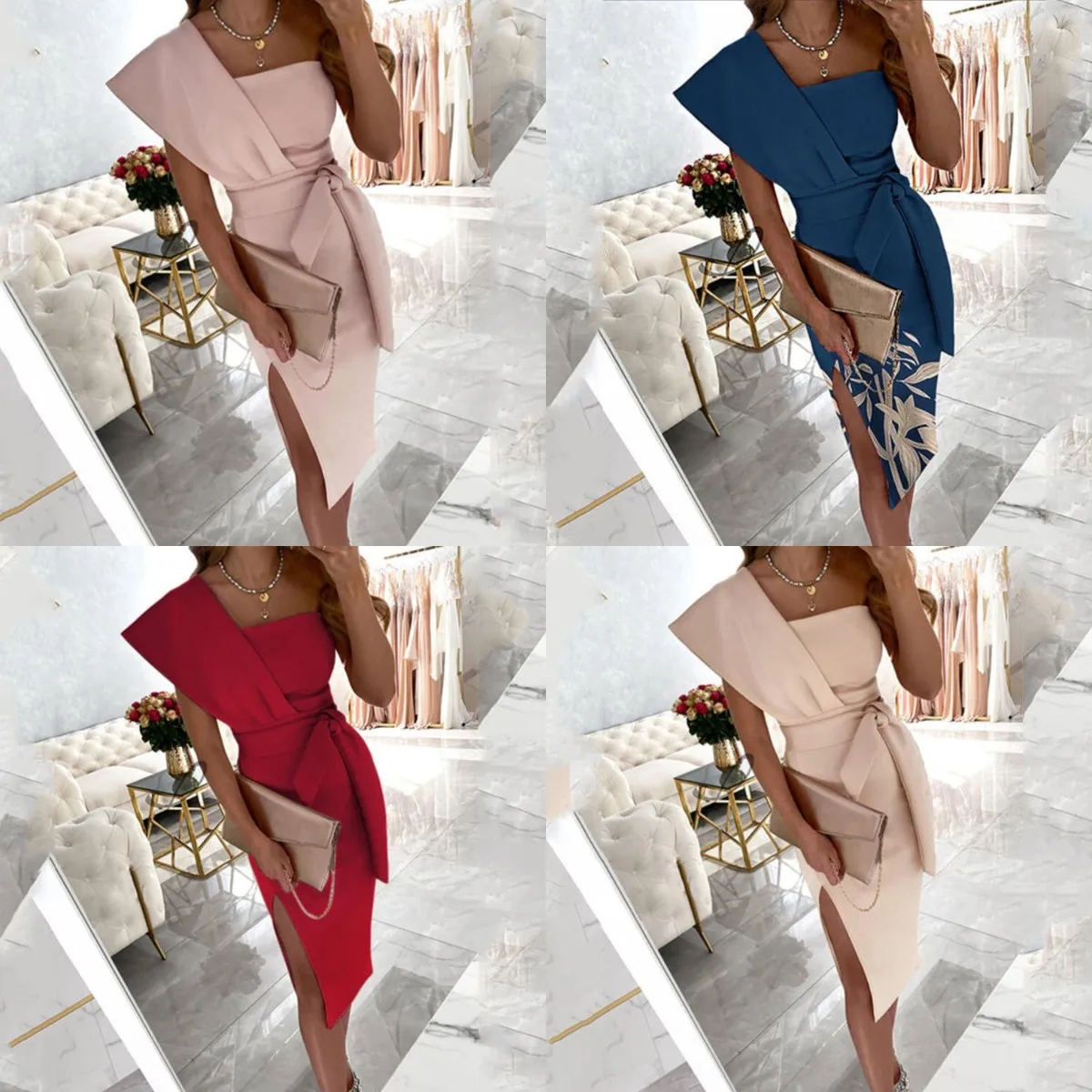 Elegant Sashes Lace-up Solid Midi Dress Sexy One-Shoulder Slit Bodycon Skirt New Summer Women Commute Luxury Party Vestidos