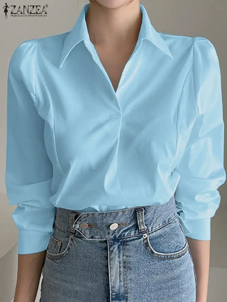 

ZANZEA Turn Down Collar Blusas Women Long Sleeve Shirt Casual Elegant Loose Solid Waisted Blouse 2023 Autumn Office Lady Tops