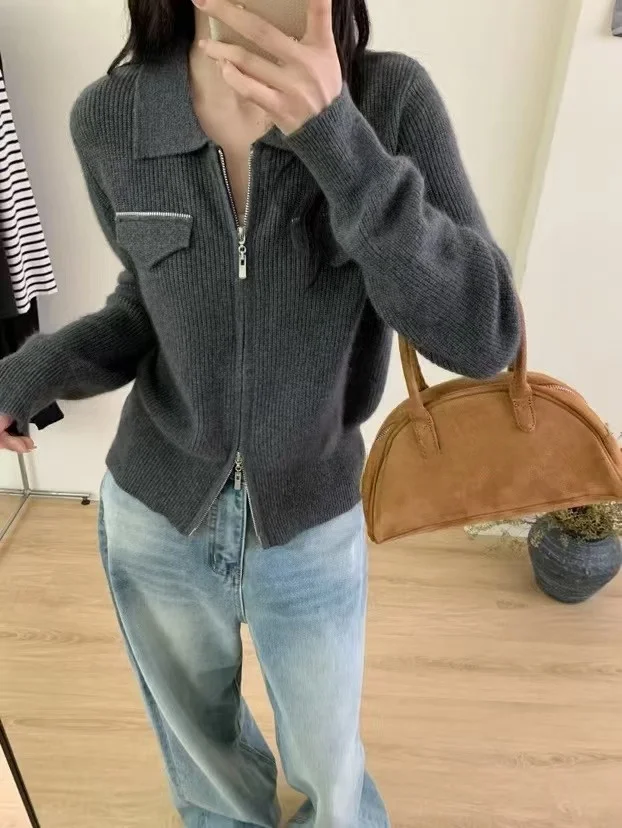 Ozhouzhan двуглавый кардиган на молнии с длинными рукавами и лацканами вязаный из 00%