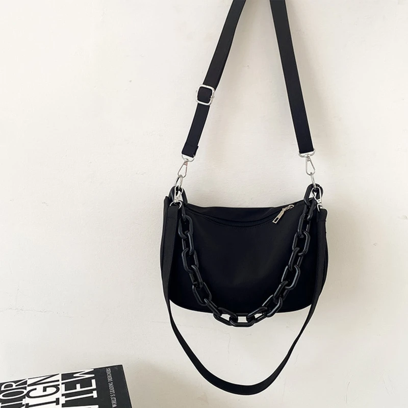 

Fashion Women Small Shoulder Underarm Bag Nylon Ladies Vintage Acrylic Chain Solid Color Zipper Purse Handbag