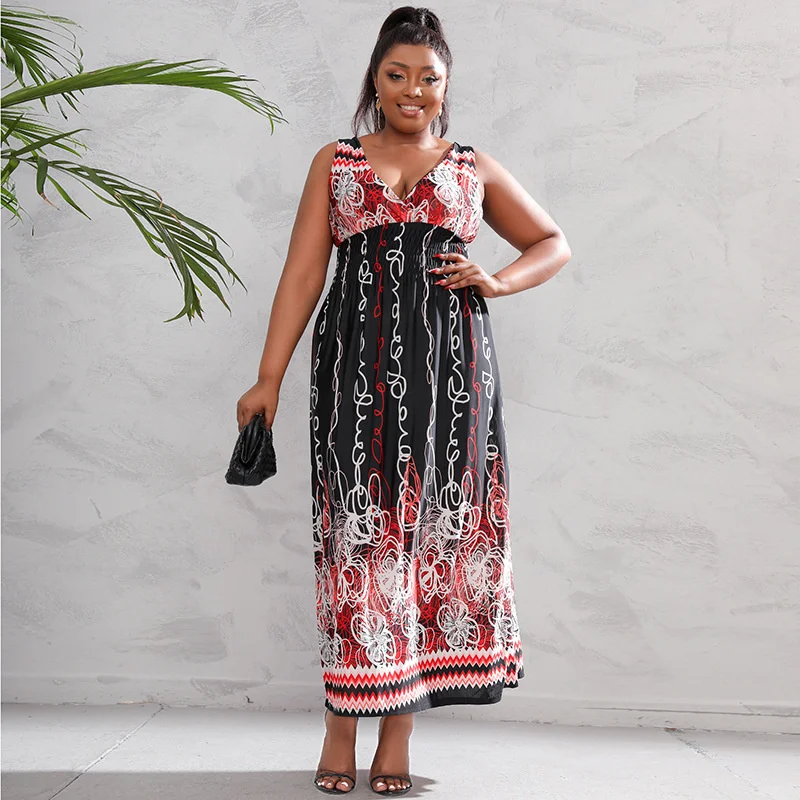 2022 Plus Size Large Hem Printed Multicolor Dress For Travel Party Wear Style Multicolor Long Women's Dress