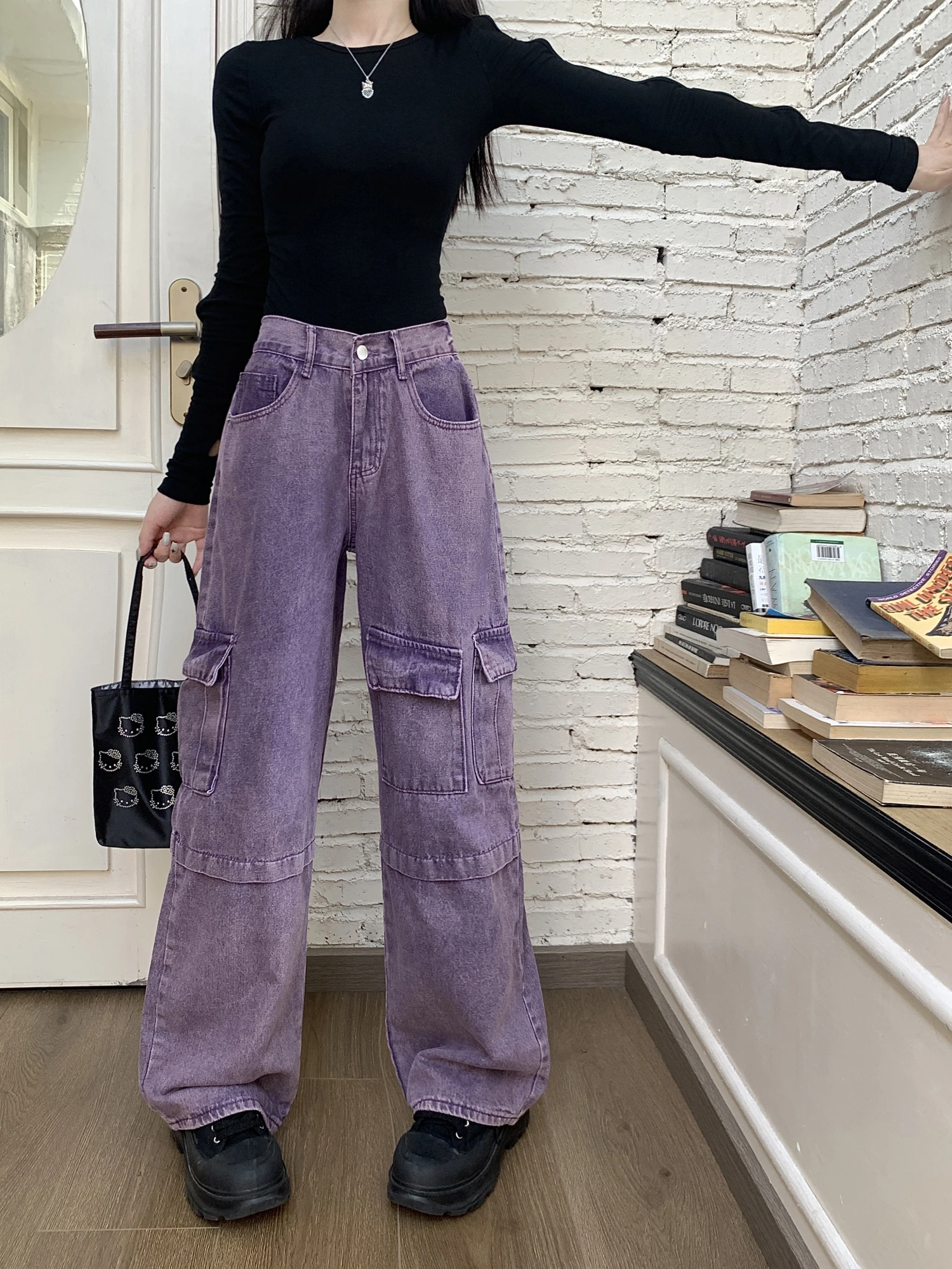 

Живое фото! Американские ретро фиолетовые джинсы-карго, женские свободные широкие джинсы с низкой посадкой Спайс для девушек