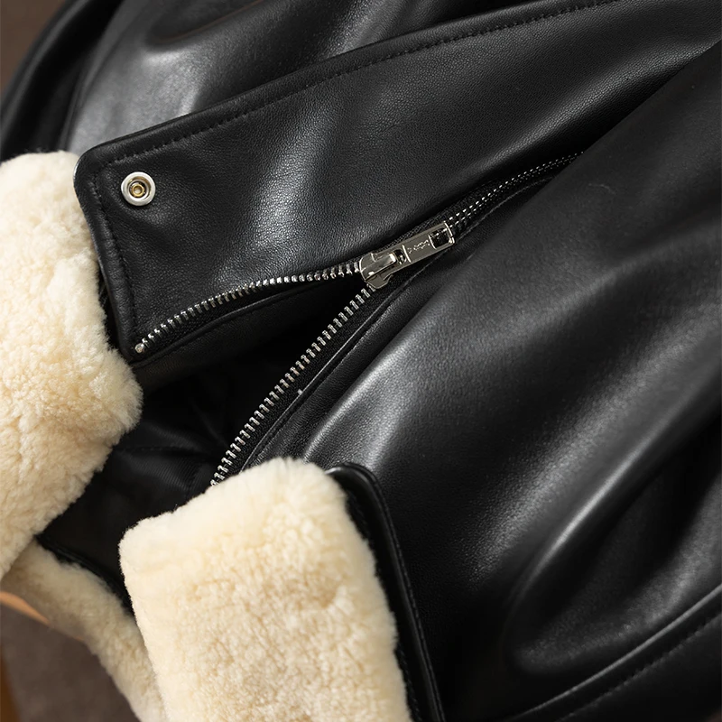 2022 New Genuine Leather Jacket Women  Sheepskin  Zipper  High Street  Pockets  Autumn/Winter Wool Collar Detachable