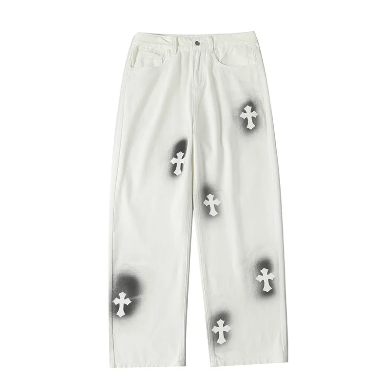 Men's Denim Pants Fashion Loose Wide Leg Jeans Casual Streetwear Printed Cross Trousers Oversize Pants Baggy Men Jeans