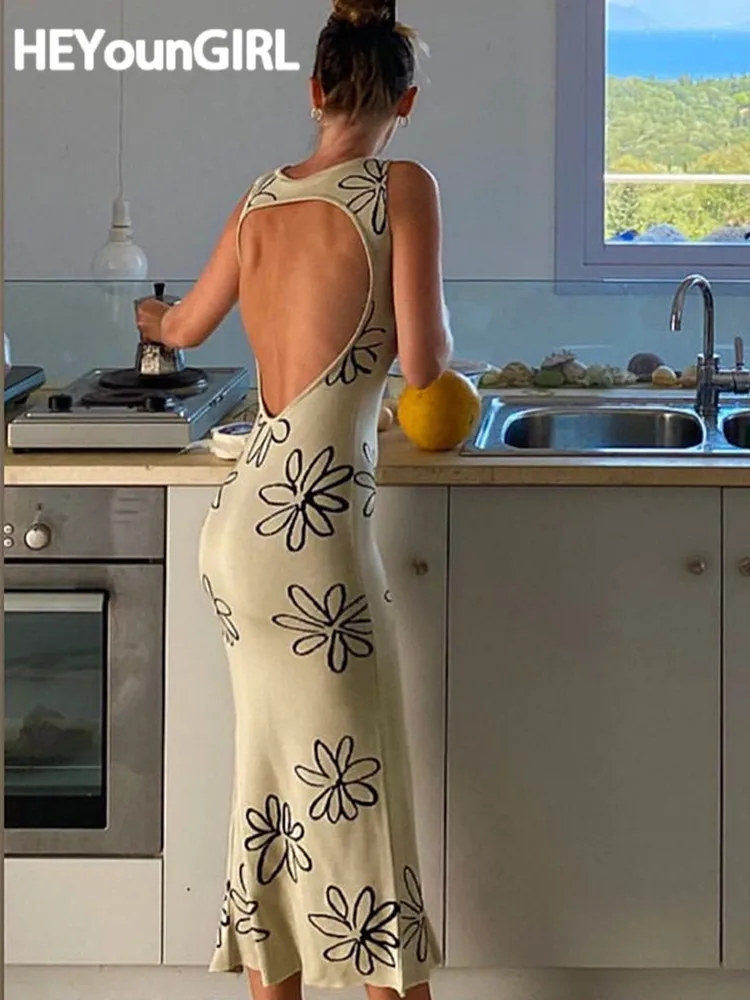 Женское трикотажное платье HEYounGIRL с цветочным принтом открытой спиной разрезом