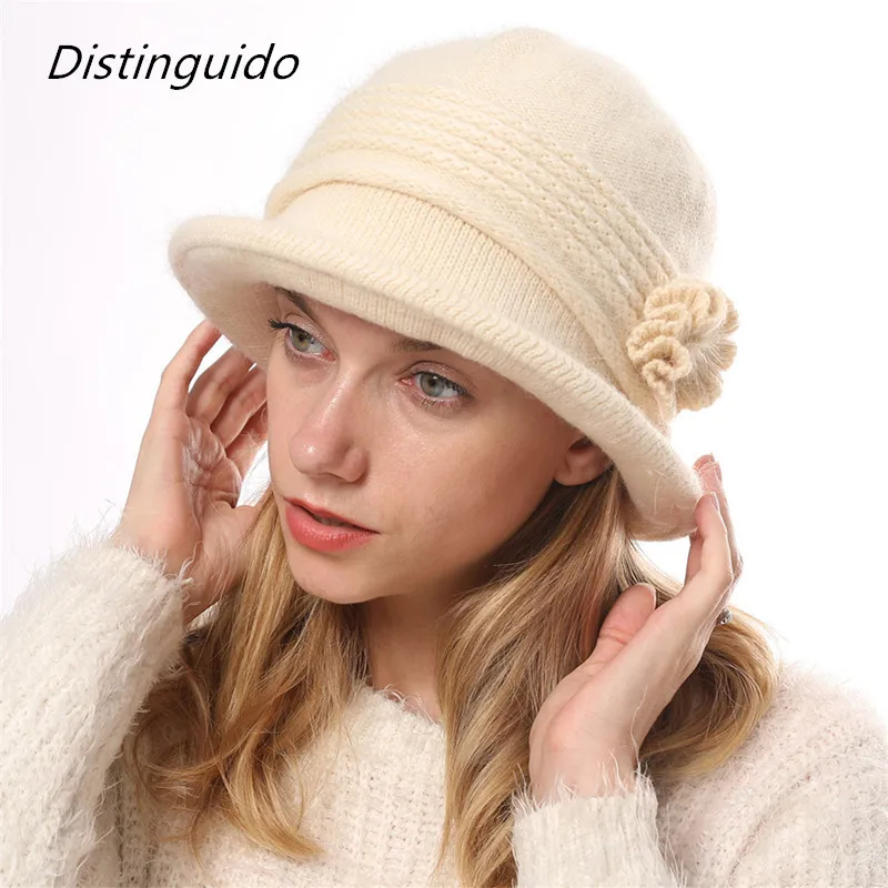 

Women Autumn Winter 2021 New Style Knitted Wool Warm Hats Female Vintage Elegant Flower Solid Color Cap Ladies Classic Hat HT045