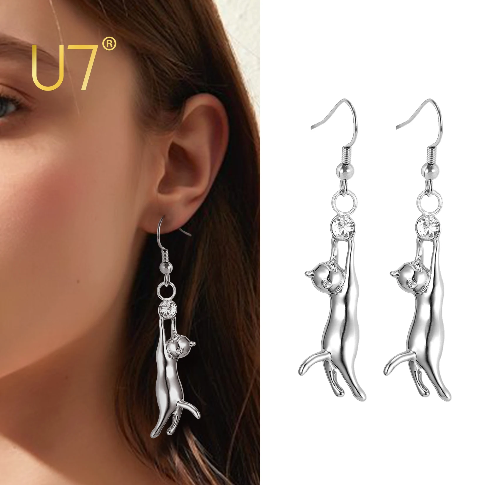 

U7 Cat Dangle Earrings For Women Girls Rhinestone Jewelry Best Gift for Cat Person Cute Pet Animal Hook Earring E374