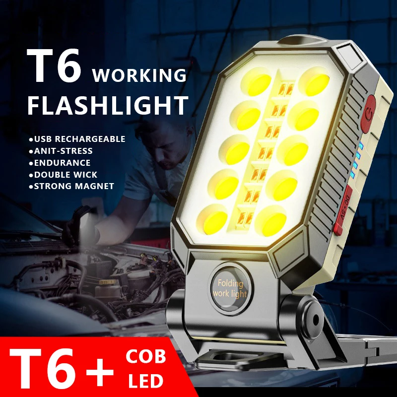 LED Portable Flashlight USB Rechargeable COB Work Light Repair Car Adjustable Waterproof Camping Lantern Magnet Design Lighting