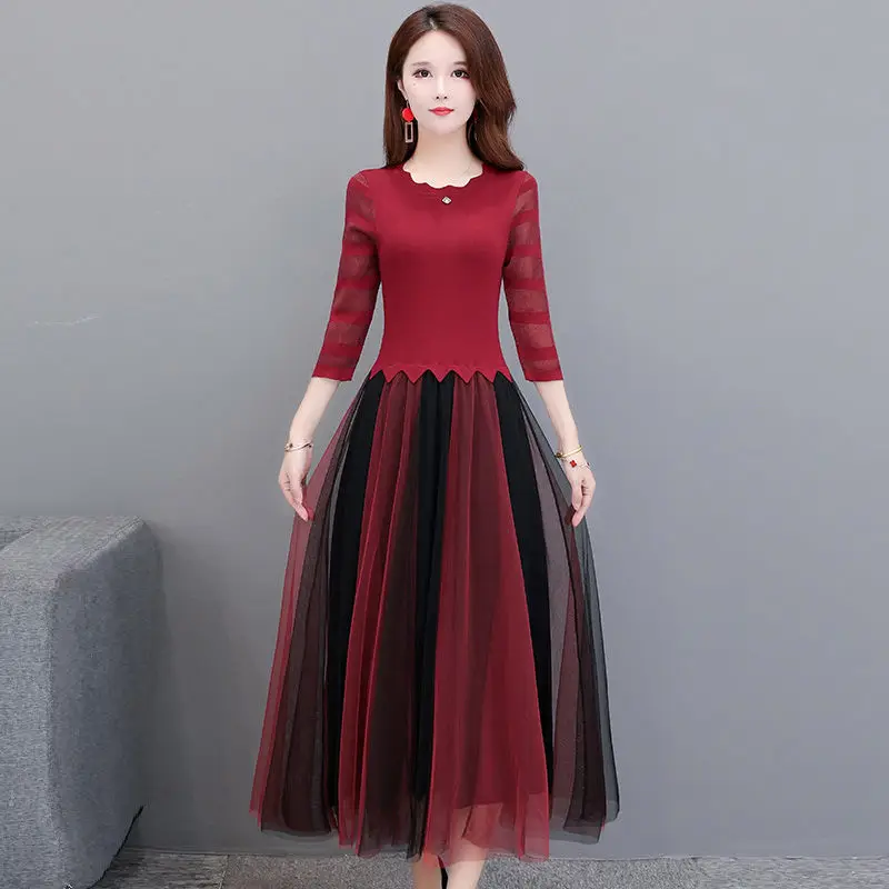 Women Dress Spring and Autumn Dress 2023 New Long-sleeved Women's Elegant Fit and Flare Ladies Mesh Patchwork Dress K76