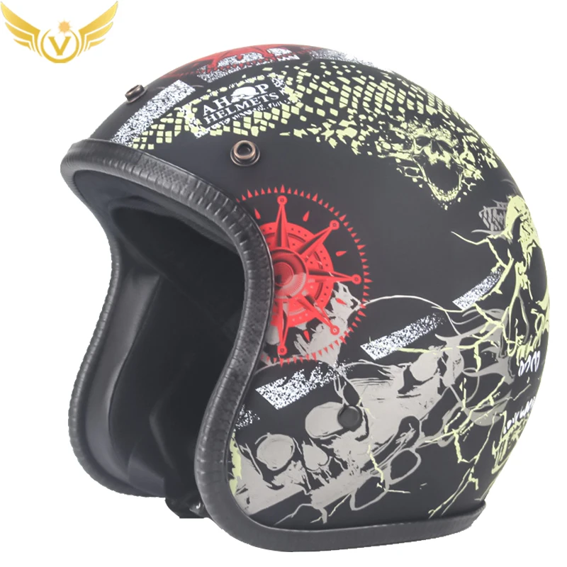 Enlarge Helmets Half Skull Cap Motorcycle Helmet DOT Approved Cafe Retro Casco Vintage 3/4 Open Face For Men And Women Adult