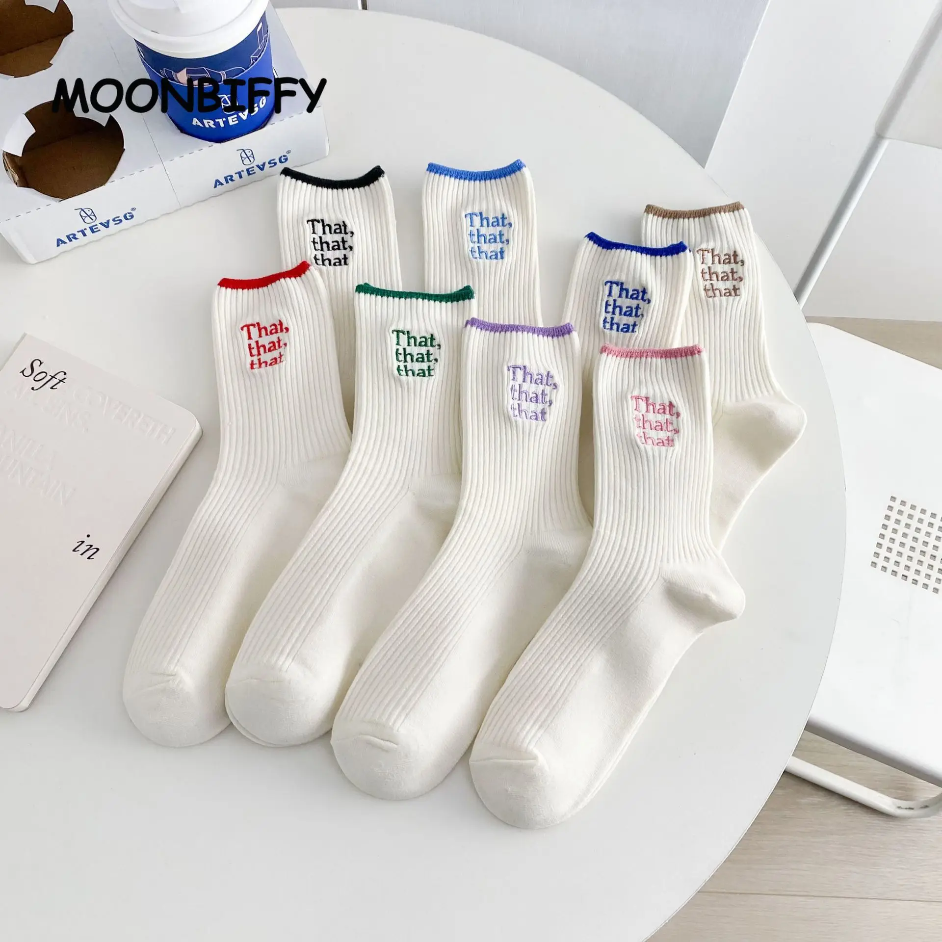 

Korean Version Cute White Socks Ins Medium Tube Cotton Women Sock Student Double Needle Embroidery Letter Girl Skateboard Socks