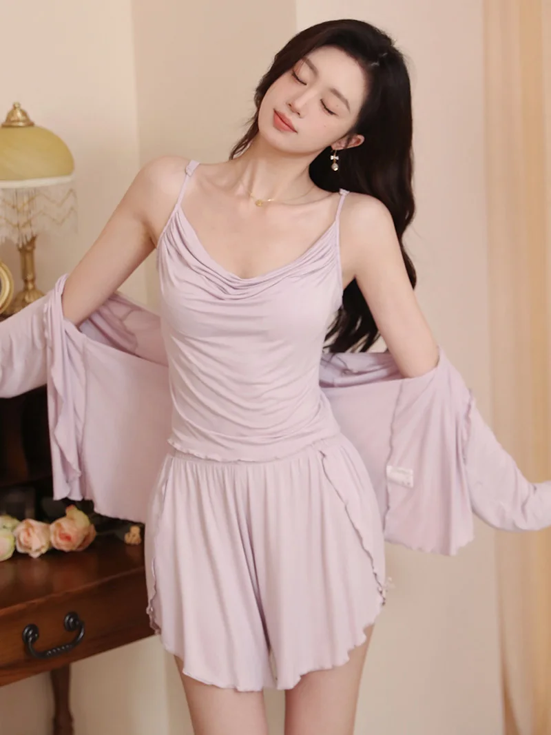 Women Summer French Sexy Modal Camisola Pajamas Three Piece Set Long Sleeve Cardigan Shorts Sweet Girls Princess Loungewear