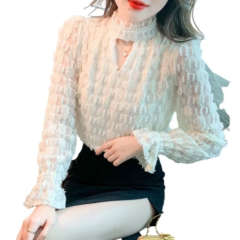 

PERHAPS U Women Elegant OL Apricot Chiffon Lace Spliced Beading Ruffles Hollow Out Half High Collar Blouse Shirt Tops Tee B3105