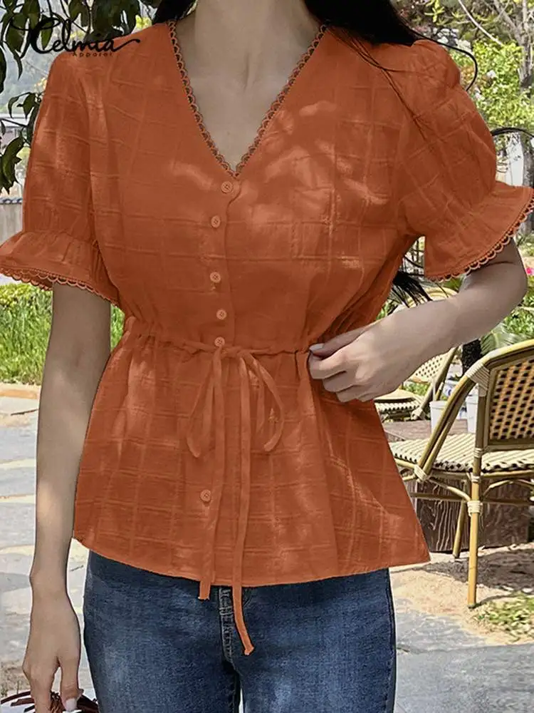 

Celmia Summer V Neck Blouse Femme Drawstring Waist Women Elegant Shirts Casual Fashion Lacework Sweet Blusa Plaid Buttons Tops