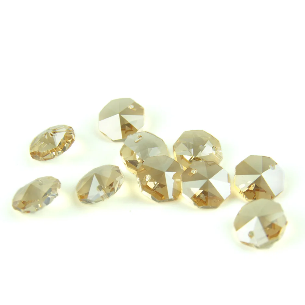 

100pcs-2000pcs Gold Champagne 14mm 1 Hole/2 Holes Crystal Glass Prisms Octagon Beads Lamp Chandelier Part For Wedding Decoration