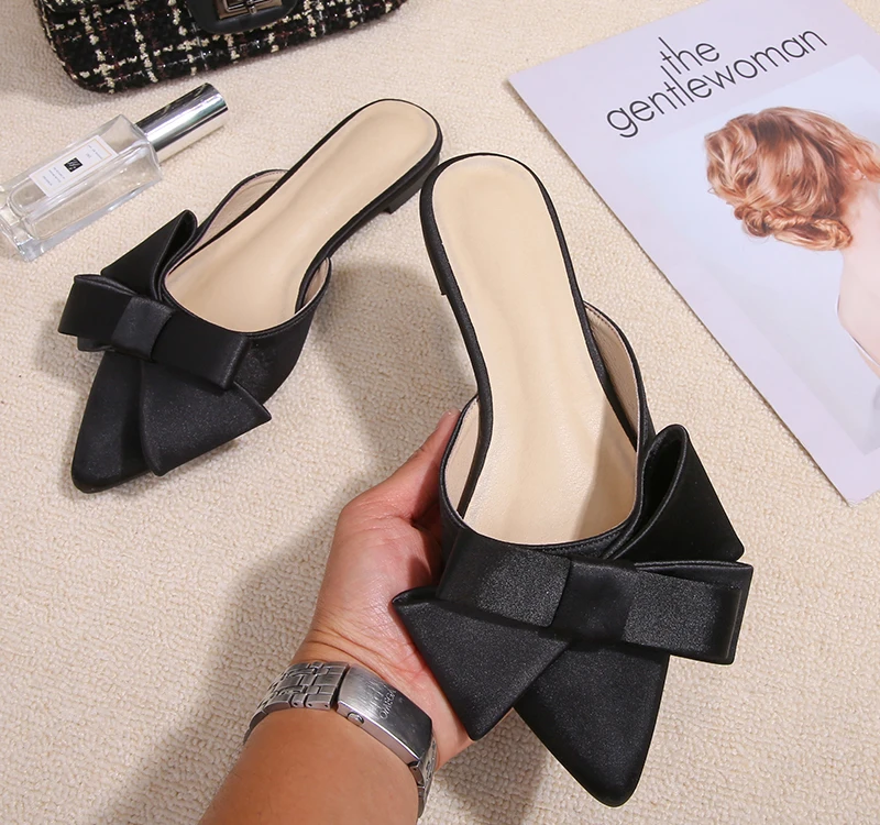Silk Pointed Toe Flat Slippers Women's Outer Wear Summer Net Red All-match Fashion Bow Baotou Sandals and Slippers